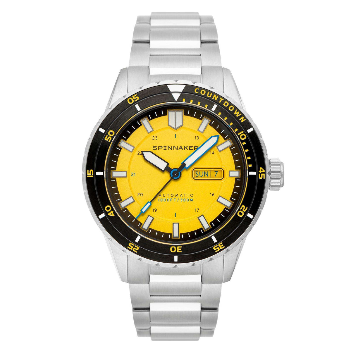 Men's stainless steel automatic watch with yellow dial, black bezel, date window