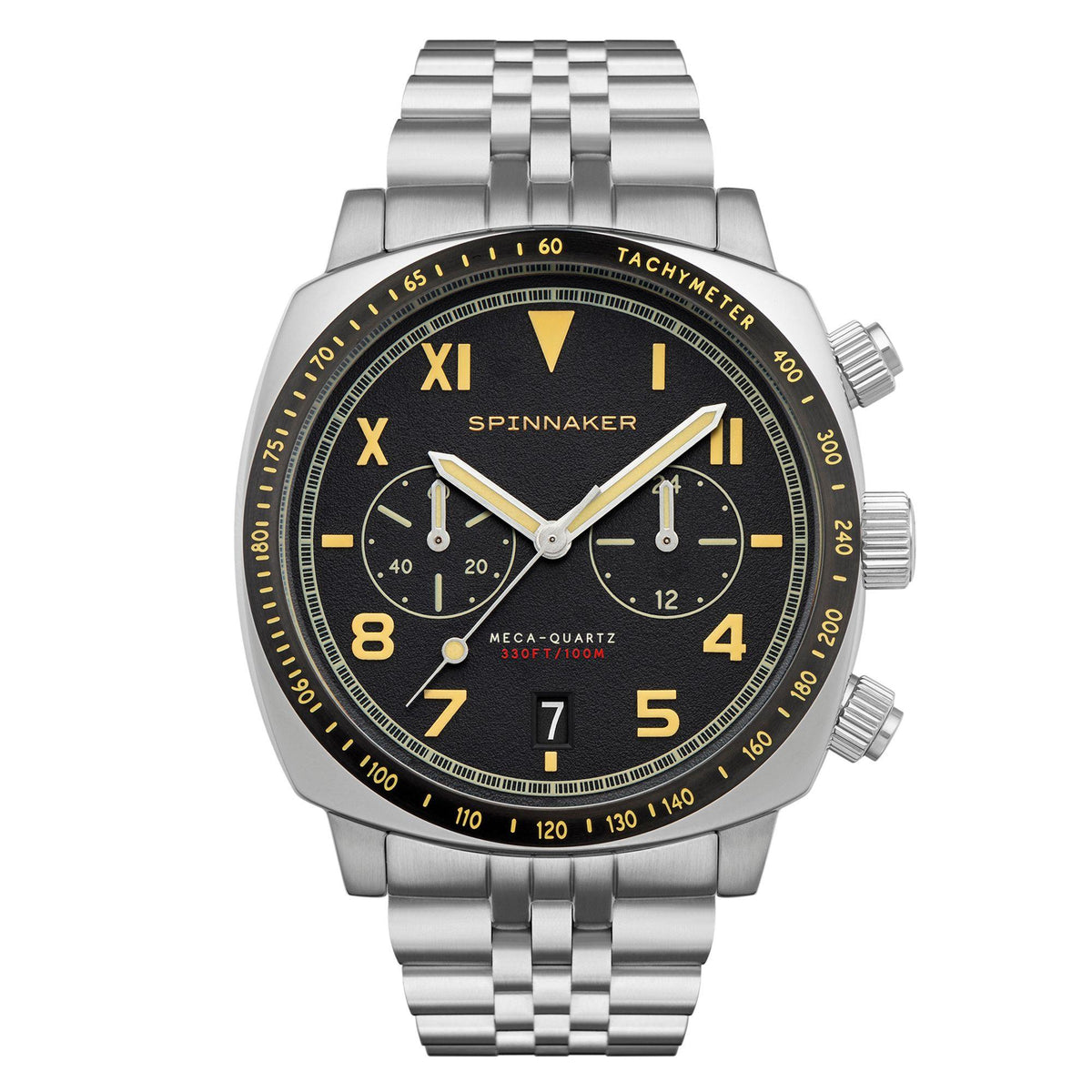 Spinnaker men's watch, black dial and yellow markers, chronograph subdials on steel bracelet