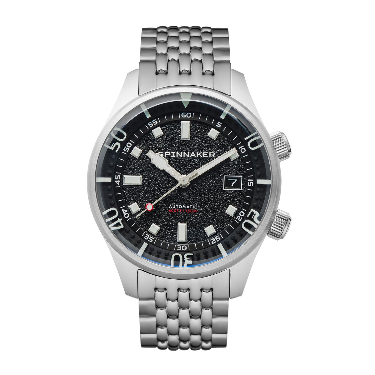 Men's stainless steel bracelet watch, black dial with Arabic numerals bezel and white hands.