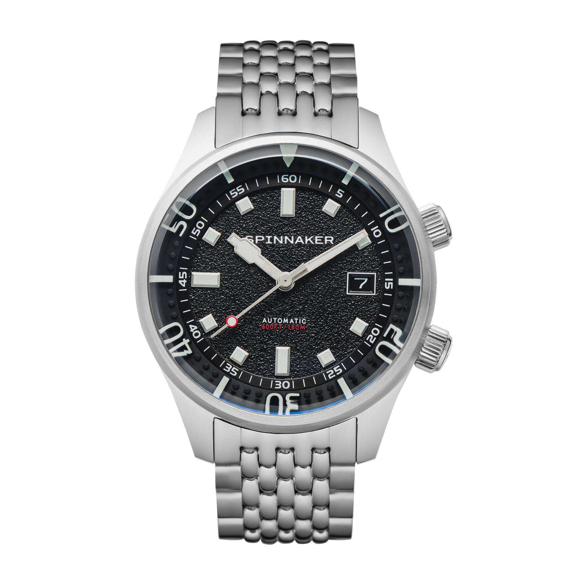 Men's automatic watch with black dial, Spinnaker logo, red seconds detail, date window.