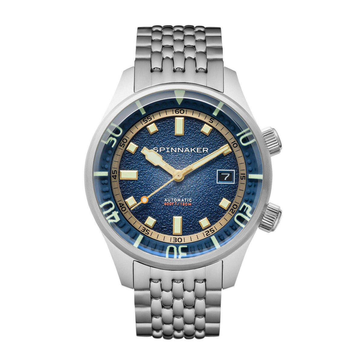 Men's stainless steel bracelet watch featuring a blue dial, gold bezel markings, and date