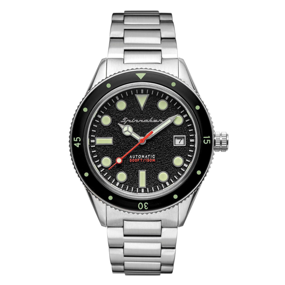 Midsize men's diver-style watch with black dial, green minute markers, steel bracelet