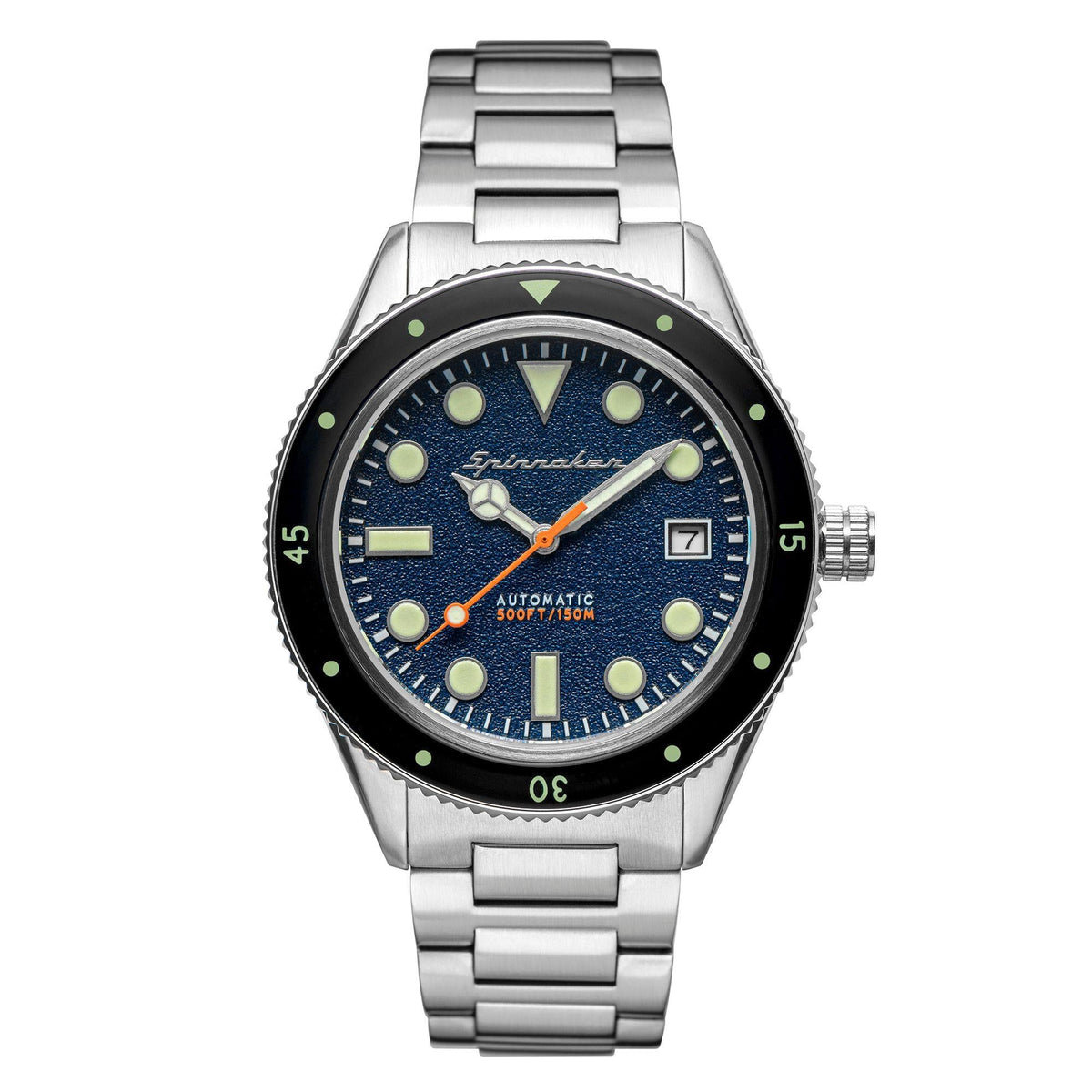 Men’s automatic wristwatch, stainless case and bracelet; blue dial with orange seconds hand