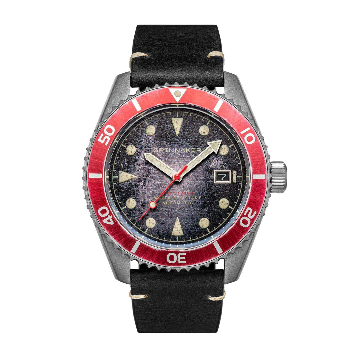 Men's black dial watch with distressed black leather strap and red rotating bezel