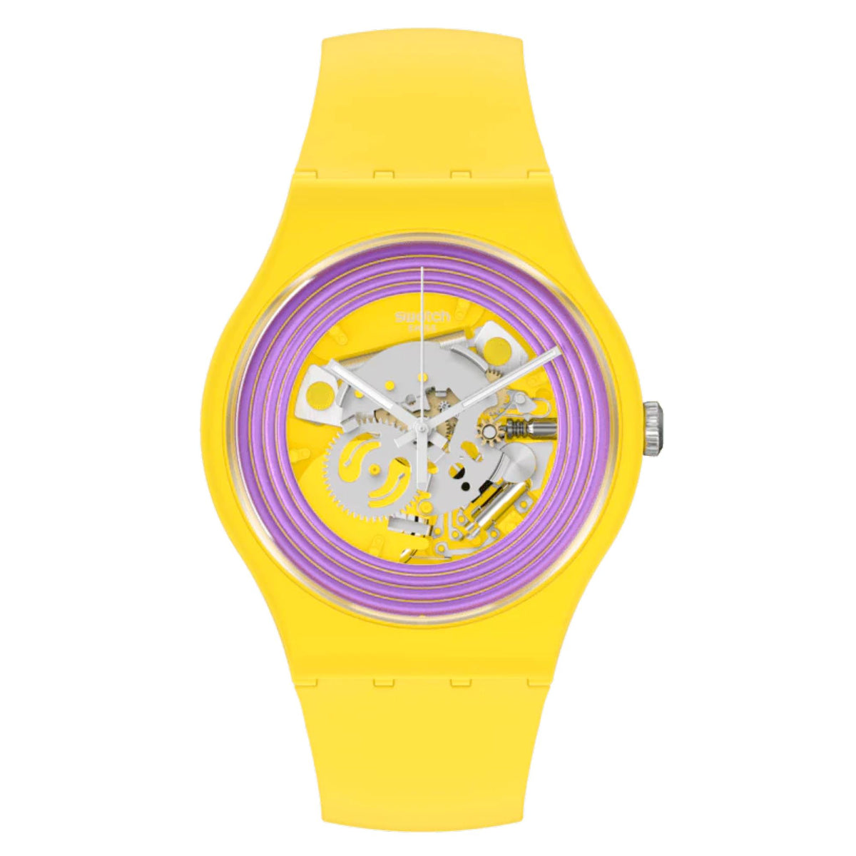 Yellow quartz wristwatch with purple ring bezel and open-heart style movement