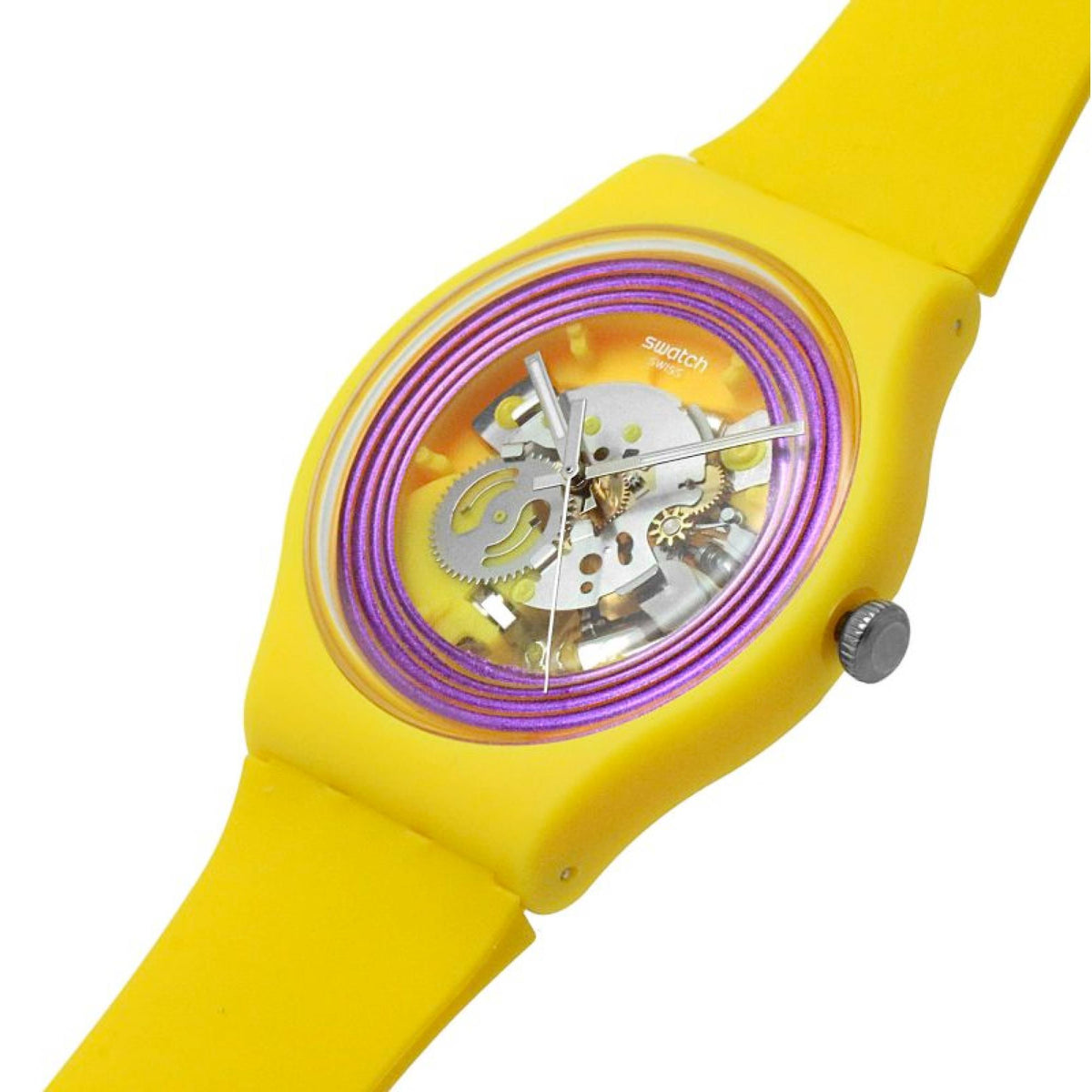 Close angled view of yellow quartz watch with purple ring dial and round crown