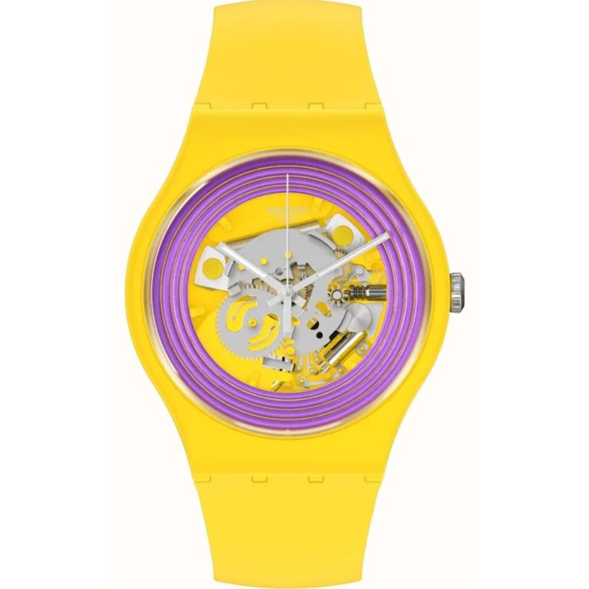 Front view of yellow quartz watch with purple ring dial and exposed gears