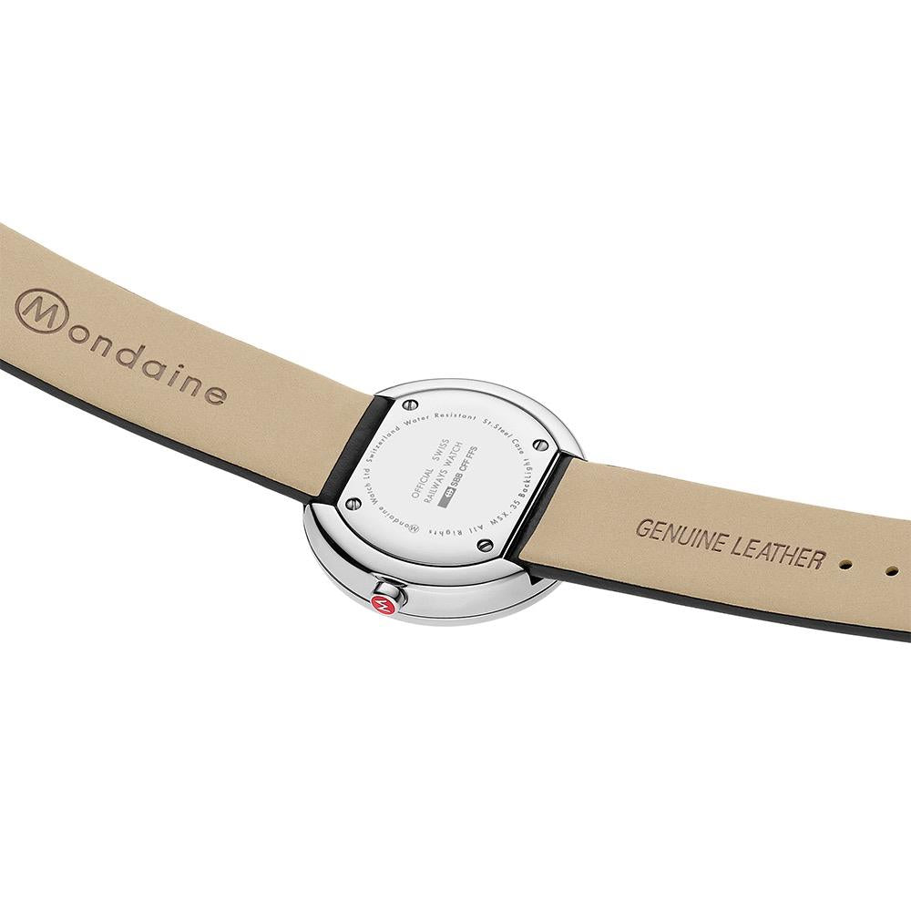Mondaine mini quartz watch with genuine leather black strap and engraved strap logo