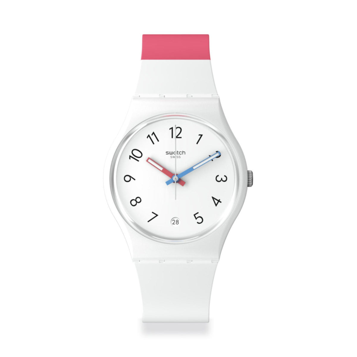 White Swatch wristwatch with round dial, red and blue hands, pink top strap accent.