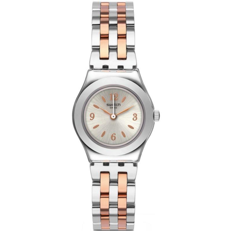 Two-tone stainless steel bracelet watch with round grey dial and rose-gold indices