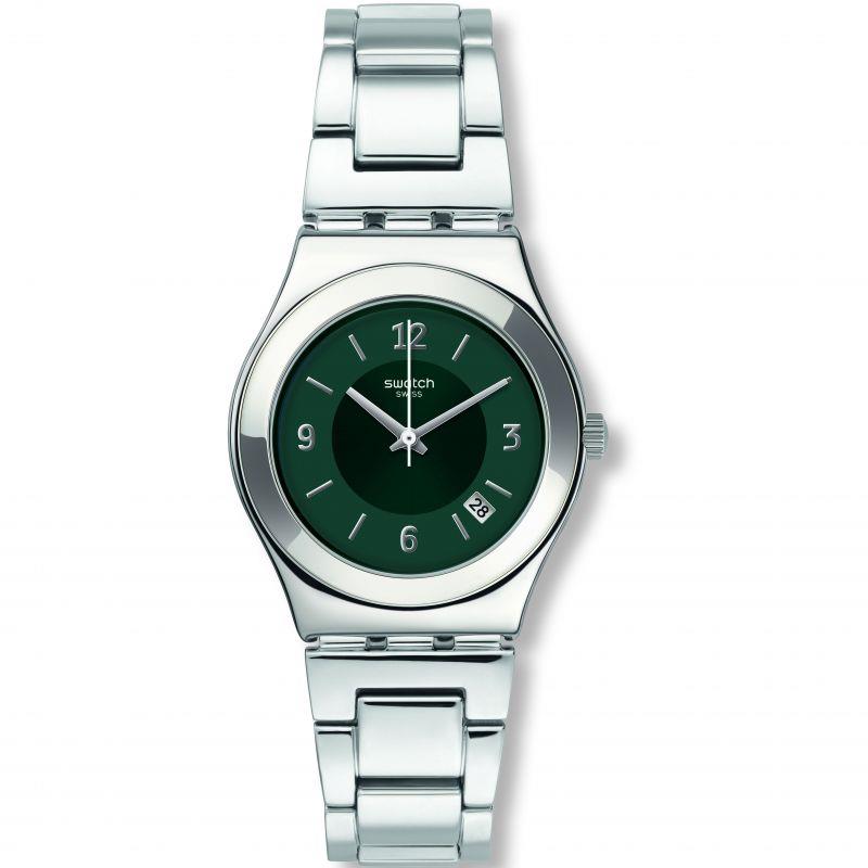 Round stainless steel ladies watch with green dial and polished bracelet links