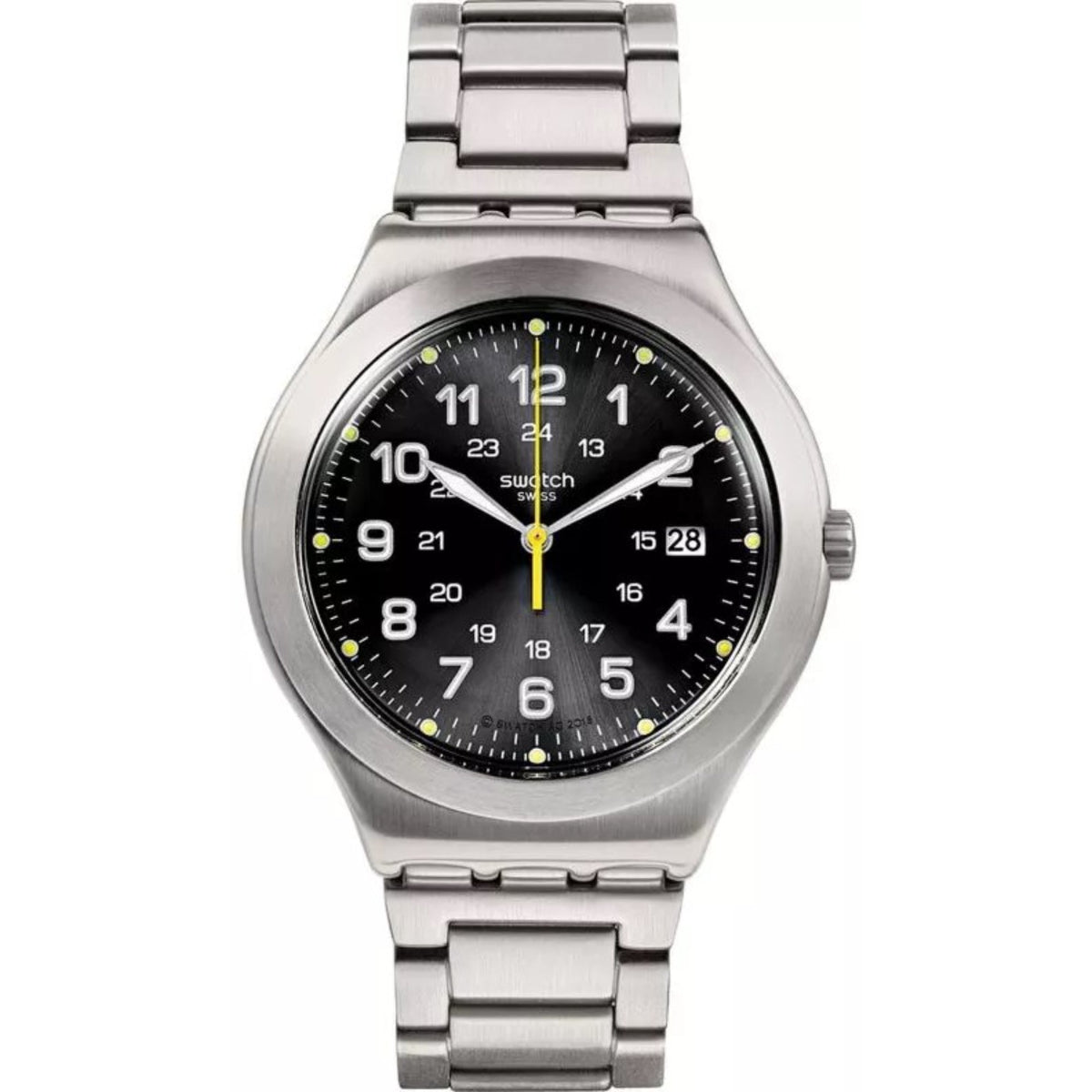 Stainless steel quartz wristwatch front view with black dial, yellow accents and metal bracelet.