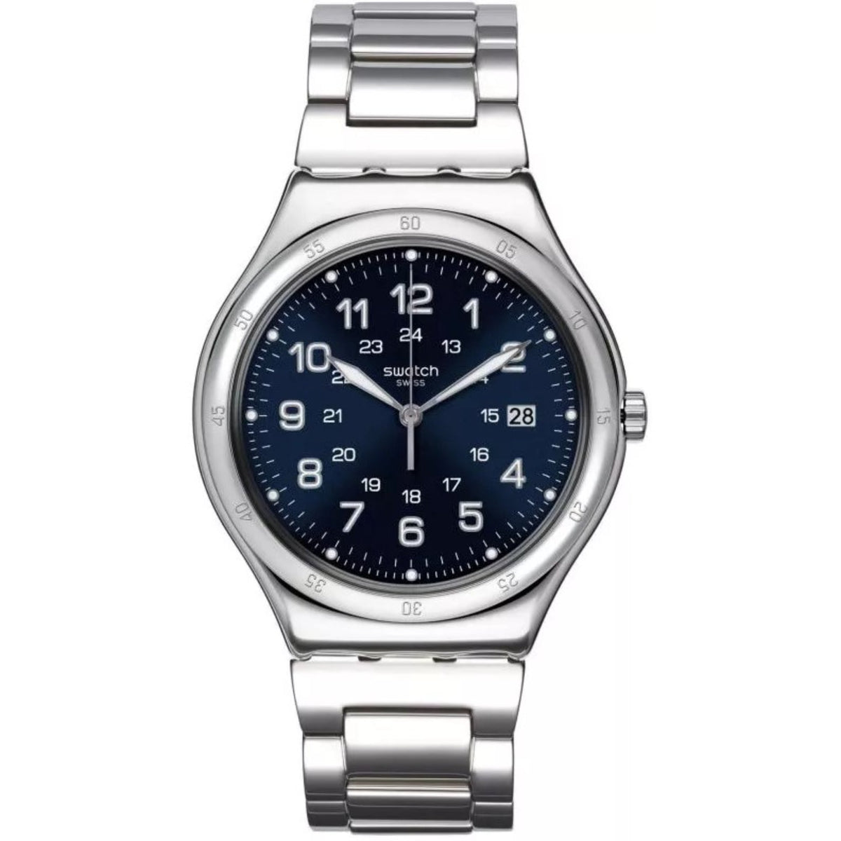 Round stainless steel men's quartz wristwatch with blue dial and integrated metal bracelet