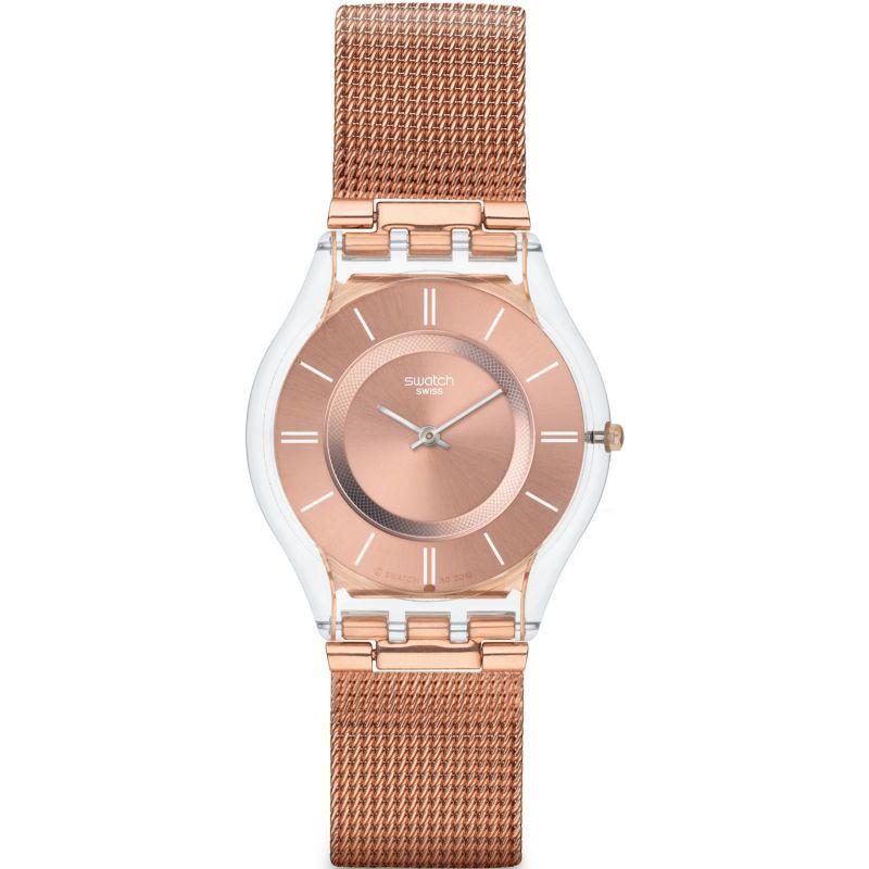 Rose-gold ladies quartz watch with mesh bracelet, rose dial, analog markers, steel case