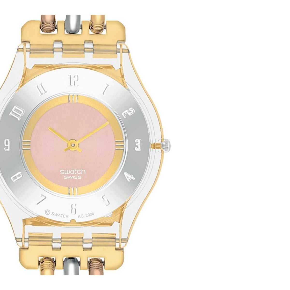 Close-up tri-metal ladies watch dial with pink face, gold hands, and marker numerals