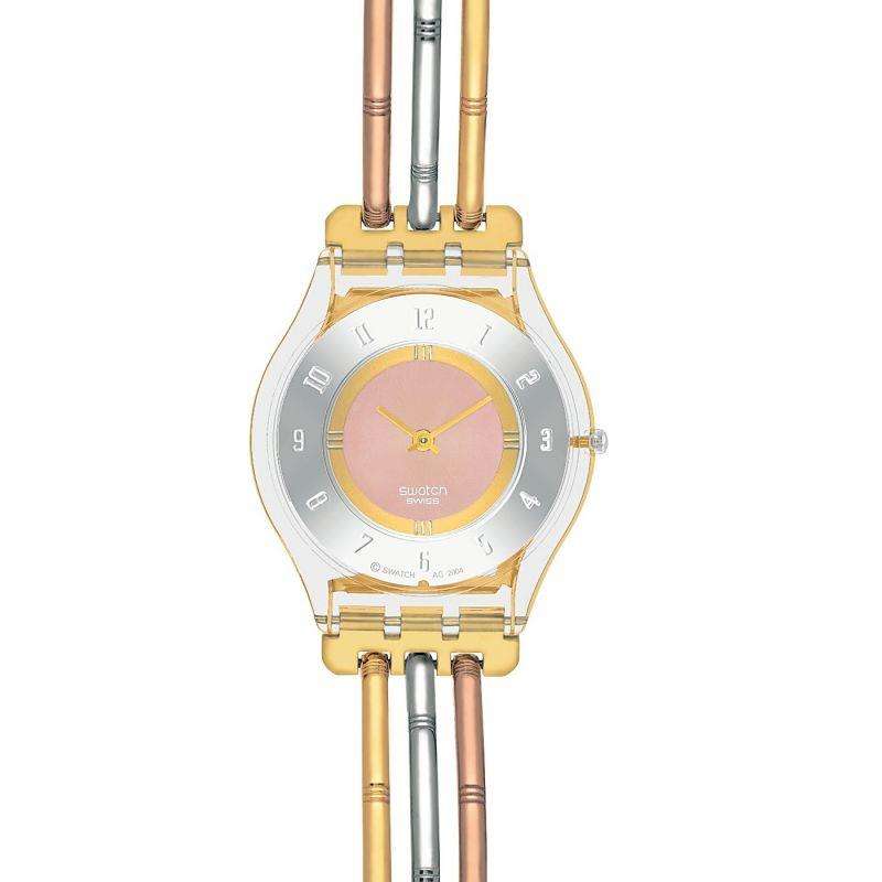 Tri-gold quartz ladies wristwatch front view with pink dial and metal link band