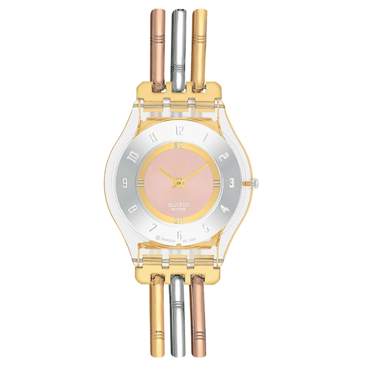 Front view of two-tone ladies quartz watch with pink dial and metal link bracelet