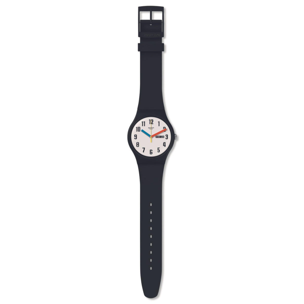 Black strap wristwatch with white dial, numeral markers, and top buckle