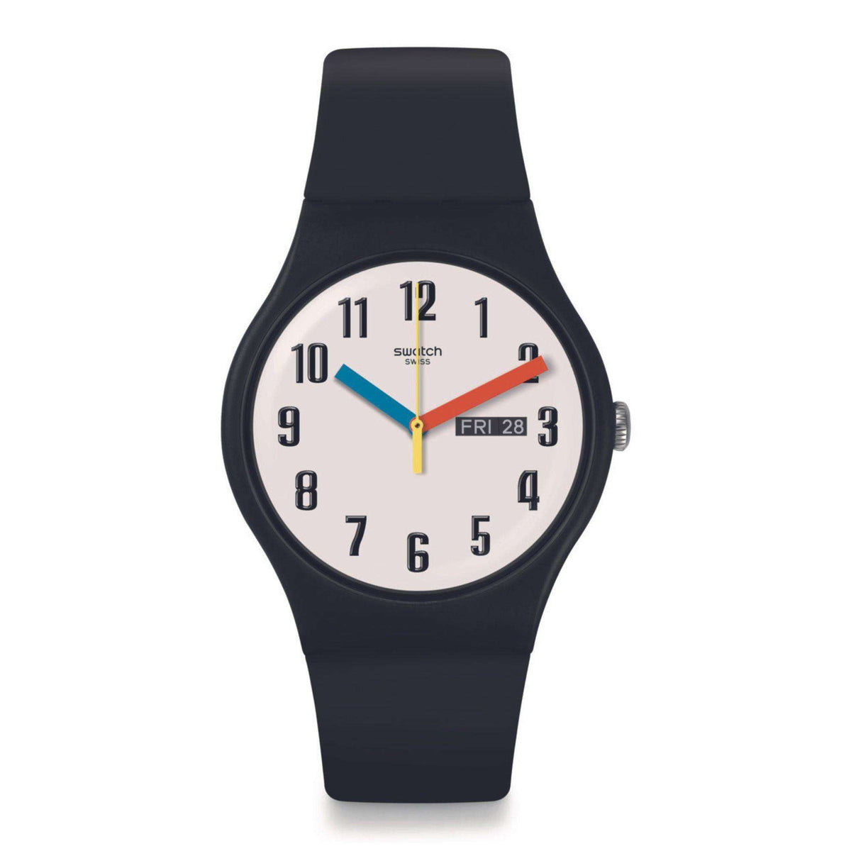 Swatch Elementary wristwatch with white dial and colorful hour hands on black strap