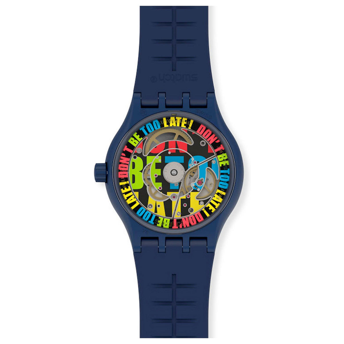 Men's Swatch quartz watch with graphic dial, colorful rings, and navy rubber strap