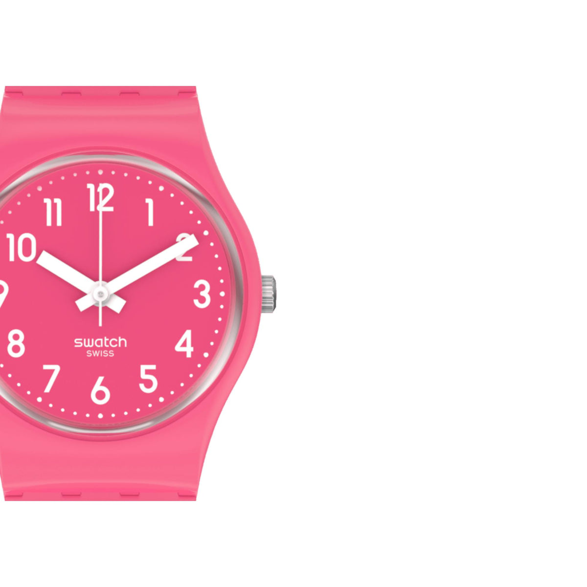 Pink round watch face close-up with white hands, numerals, and dotted hour track