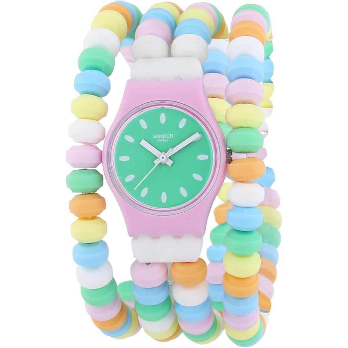 Women's Swatch quartz watch front view: green dial, pink case, colorful bead strap