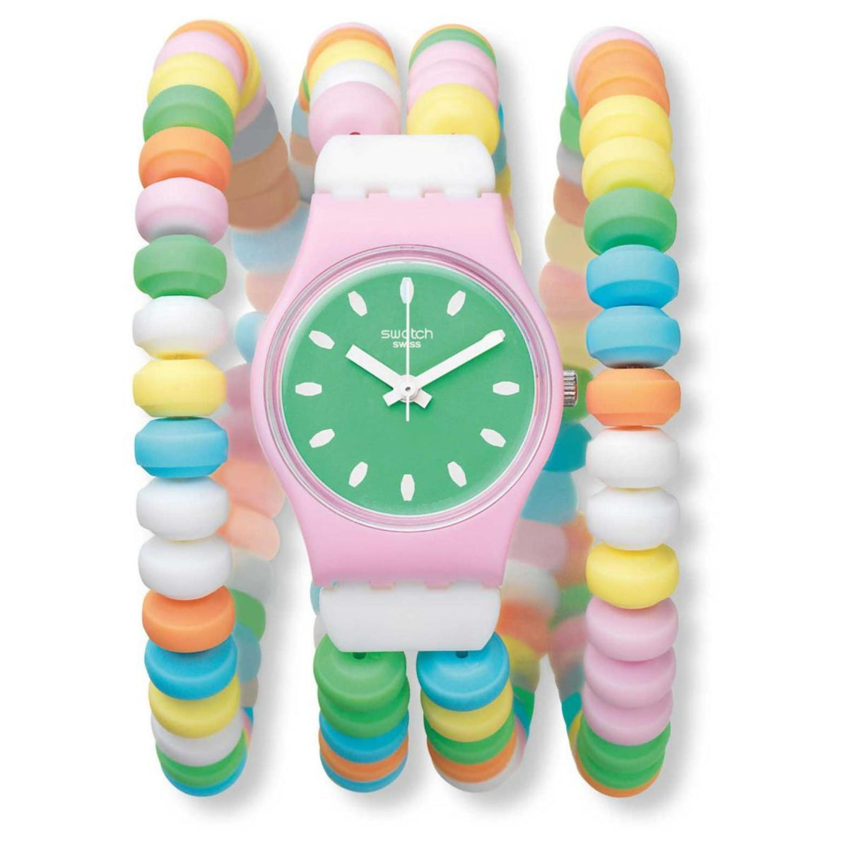 Ladies green-dial watch with pink strap and rainbow bead bangles in front view