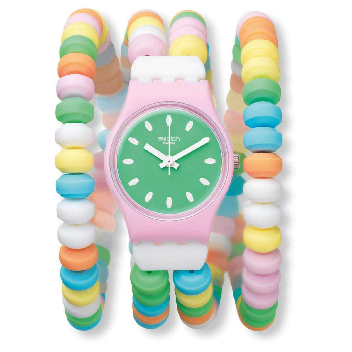 Ladies green-dial watch with pink strap and multicolor bead bangles, centered product shot