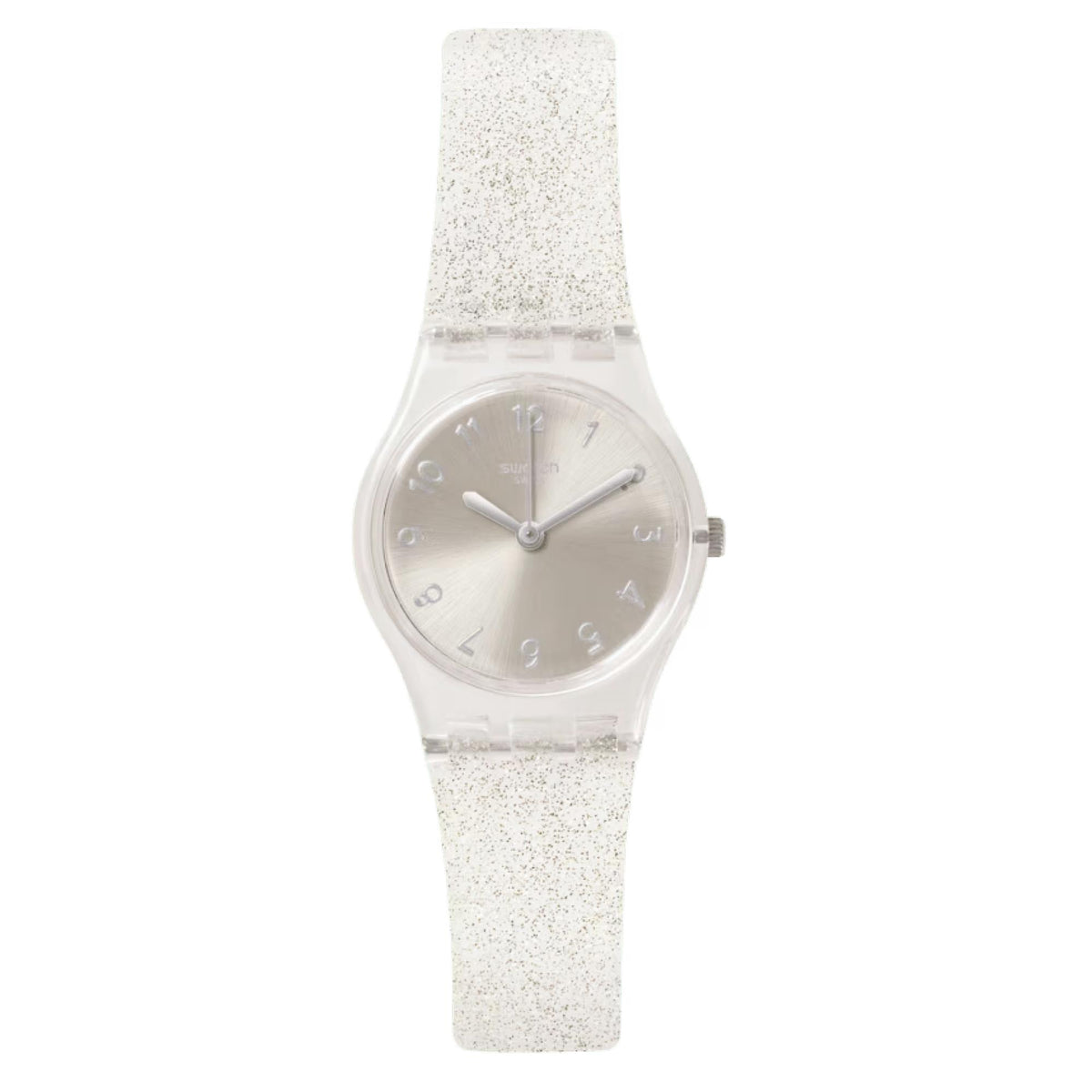 Silver ladies quartz wristwatch with transparent glitter strap, front view