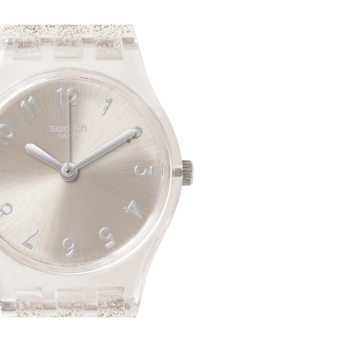 Dial close-up: silver background, stick hour markers, and clear bezel edge