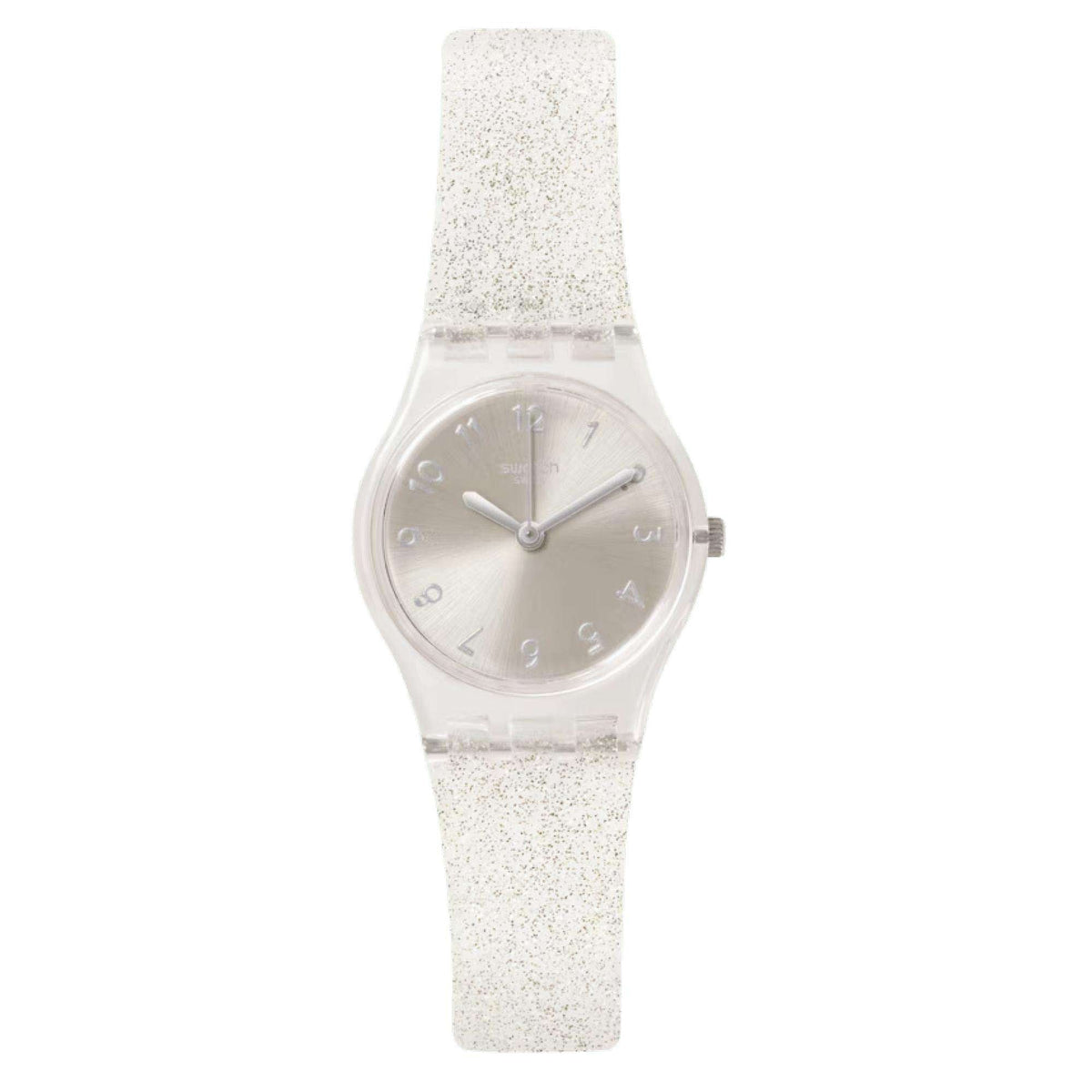 Front view of silver dial ladies watch with clear glitter strap and round case