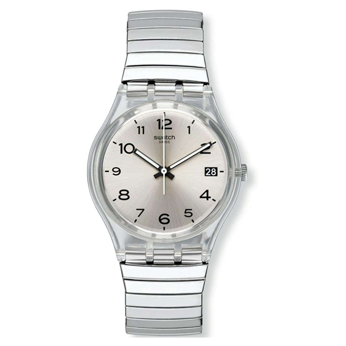 Swatch Gent quartz watch, silver-tone metal bracelet, light dial and date window
