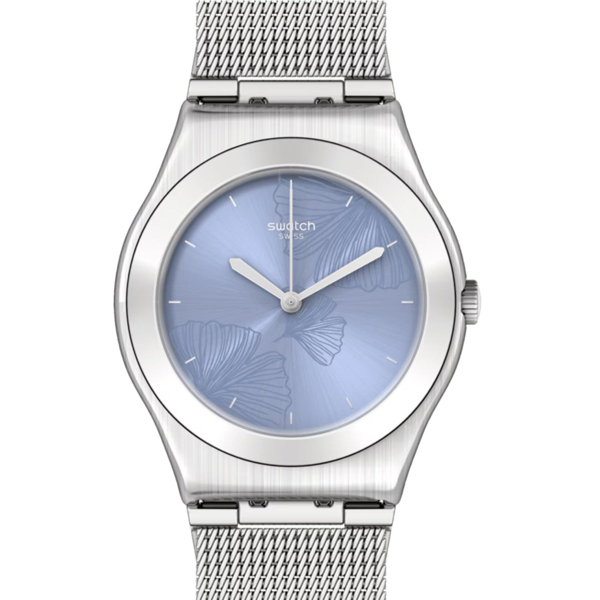 Swatch ladies watch front view with light blue butterfly dial and silver mesh strap