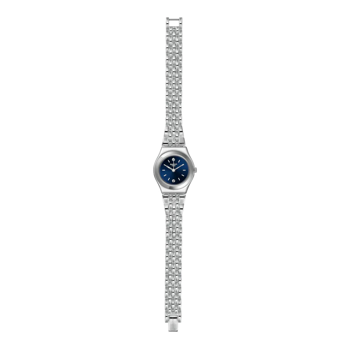 Ladies thin silver metal link bracelet watch with blue dial, vertical view