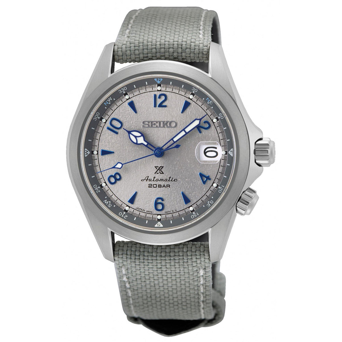 Men's stainless steel diver watch, grey dial with blue markers, grey textile strap