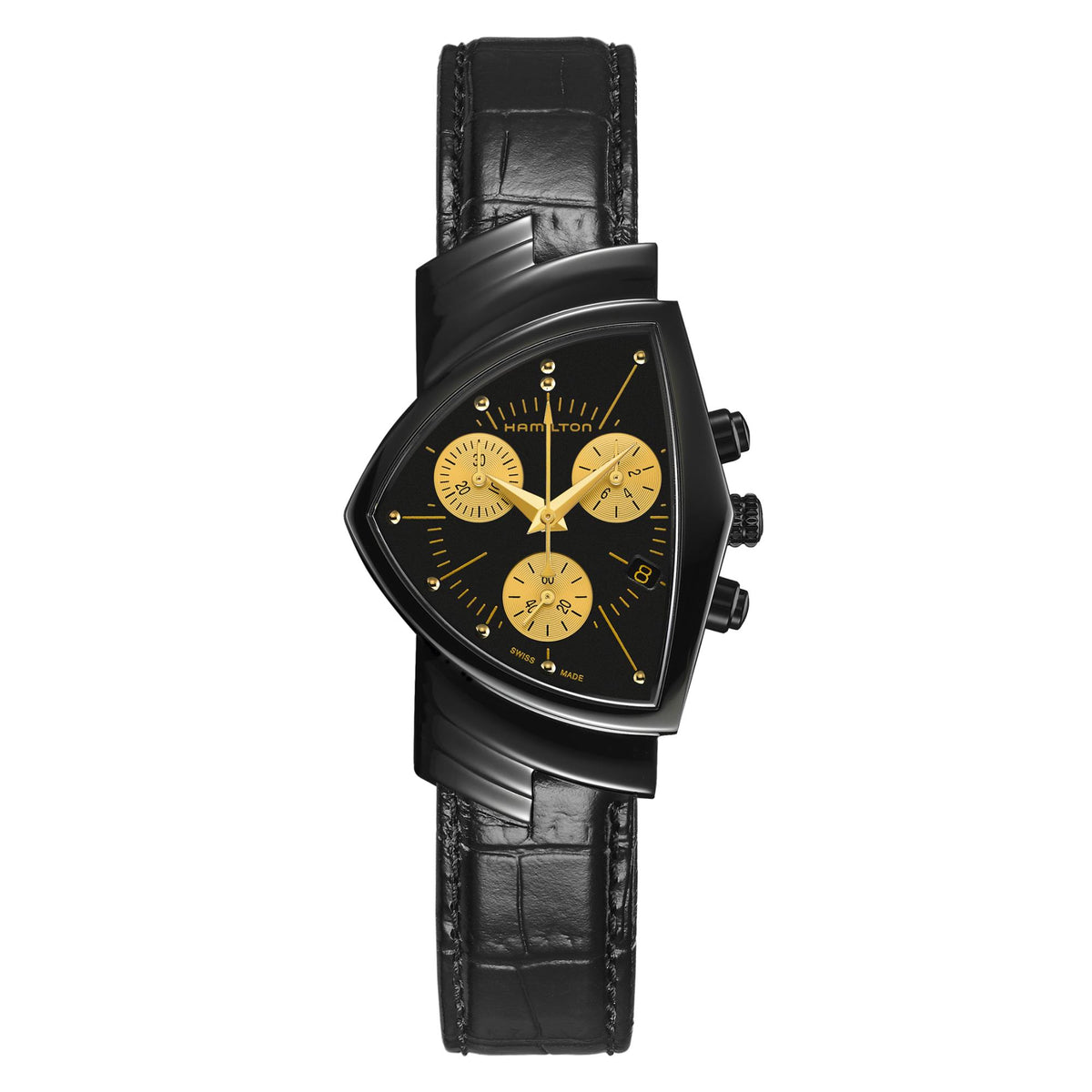 Hamilton Ventura chronograph watch front view, black dial with gold markers and black leather strap