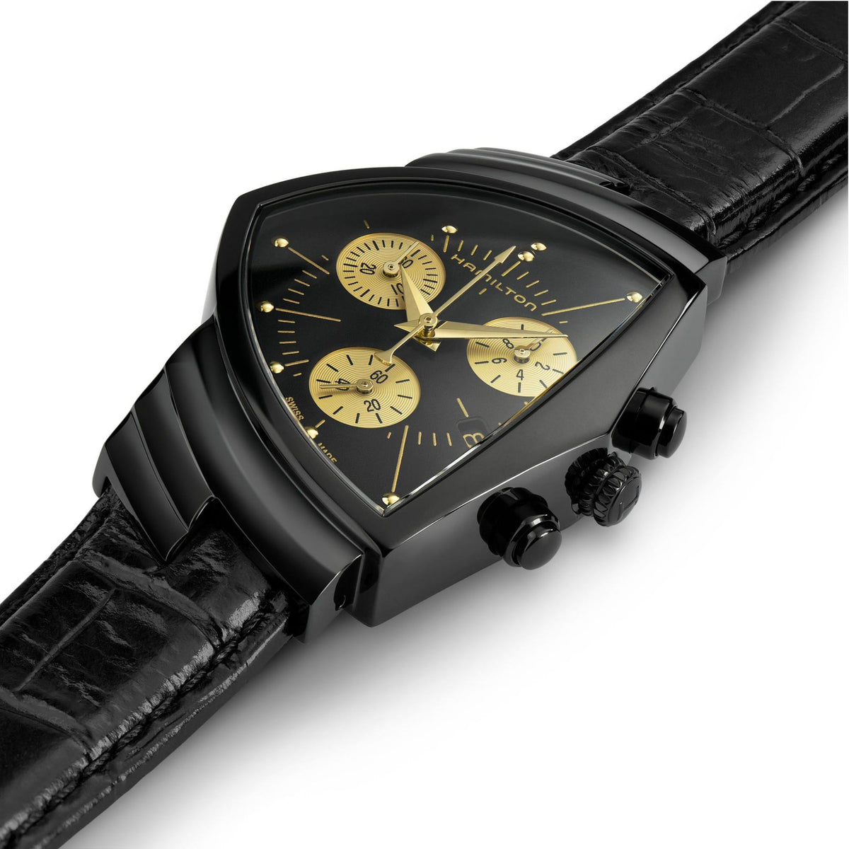 Hamilton Ventura chronograph watch angled side view with black leather strap and gold subdials