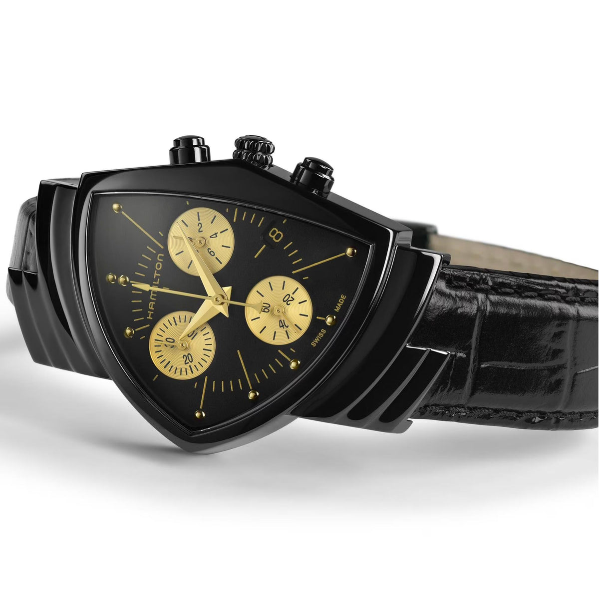 Hamilton Ventura chronograph watch side angle, black case, gold subdials, black leather band