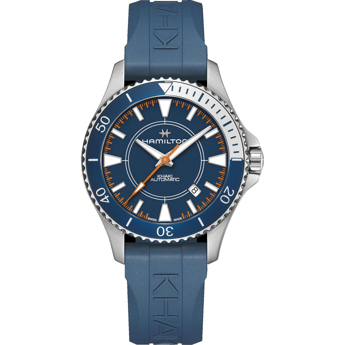 Men's automatic diver watch front view; blue dial, orange details, steel case, blue rubber strap