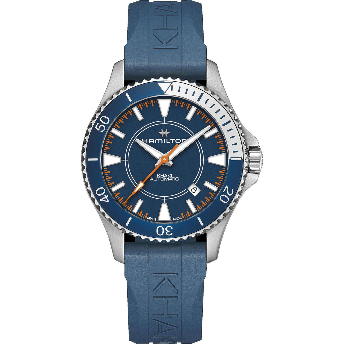 Men's automatic diver watch front view with blue dial and orange accents, steel case, blue strap