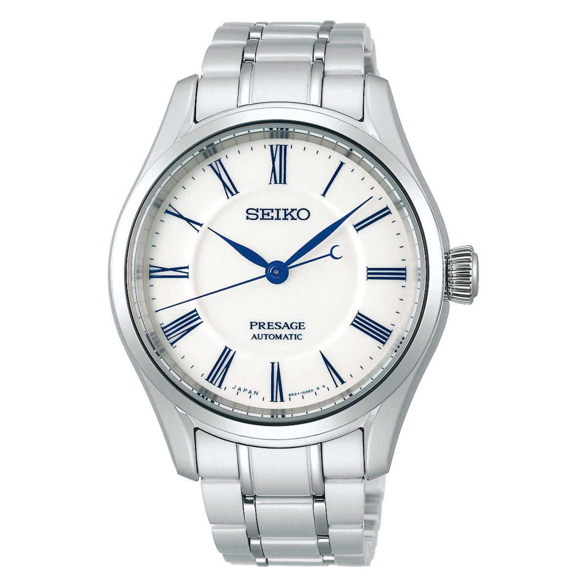 Men's stainless steel wristwatch featuring a white dial with blue Roman numerals and bezel