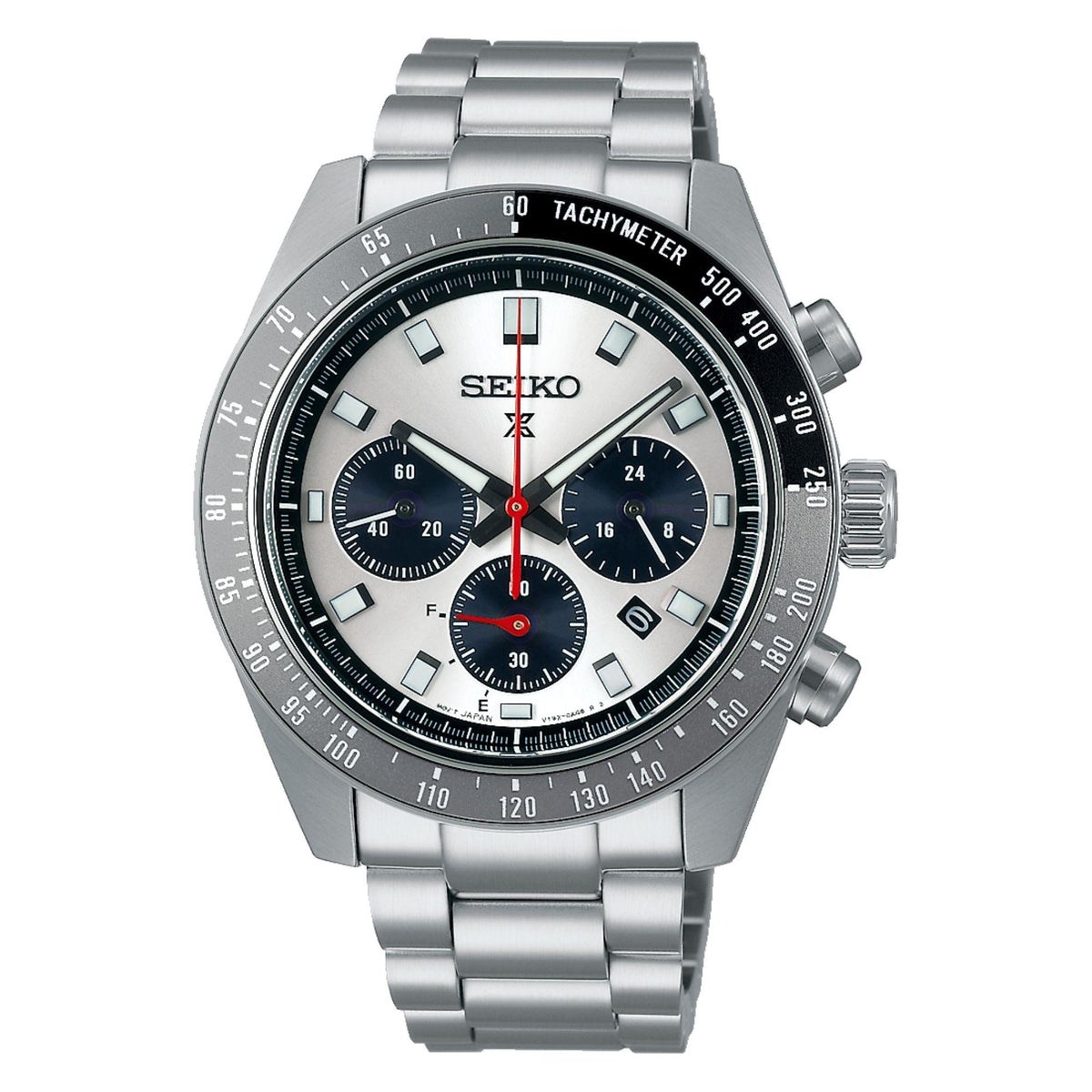 Stainless steel chronograph watch front view, silver dial with dark subdials and tachymeter ring