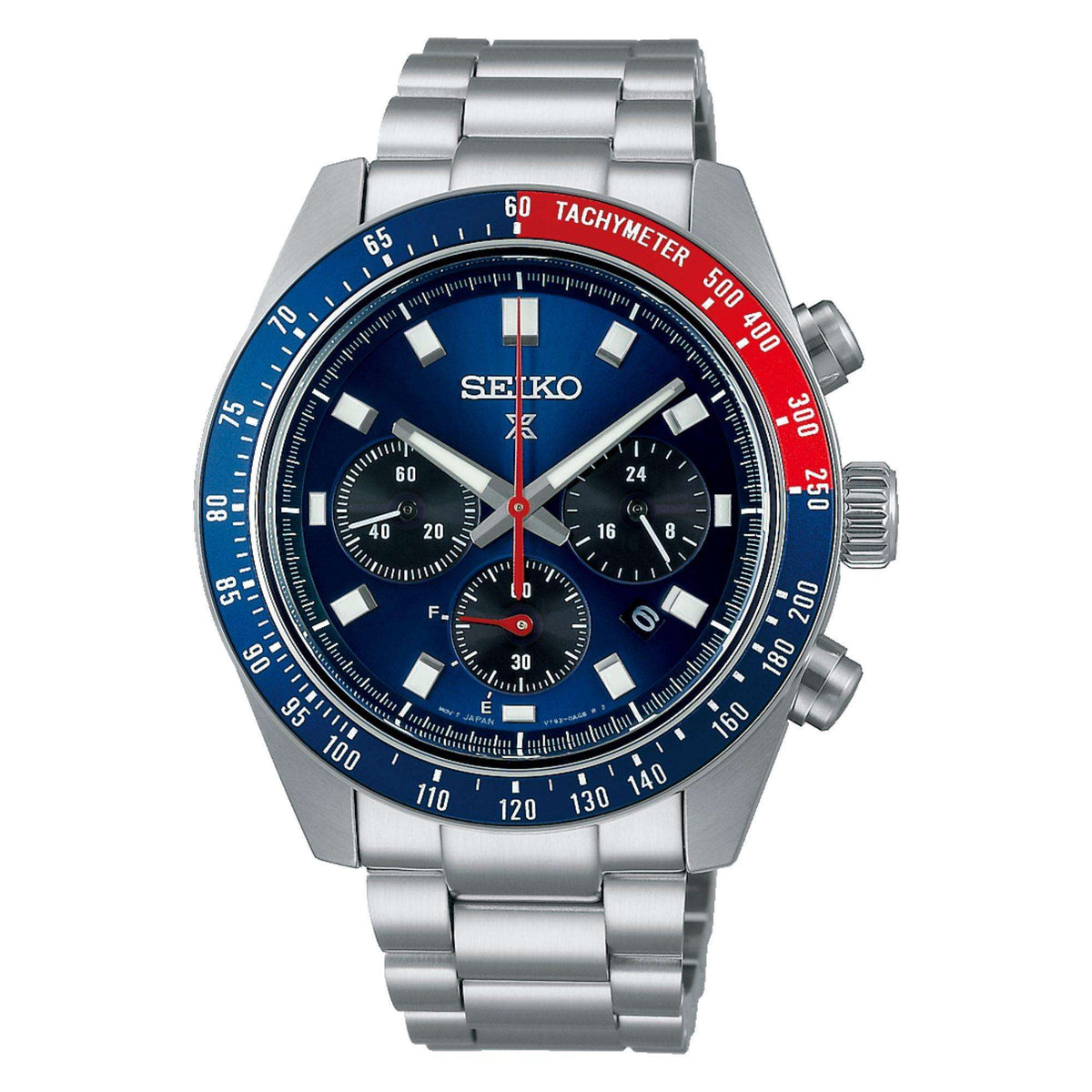 Men's solar chronograph watch with blue dial, three subdials, red seconds hand, steel bracelet