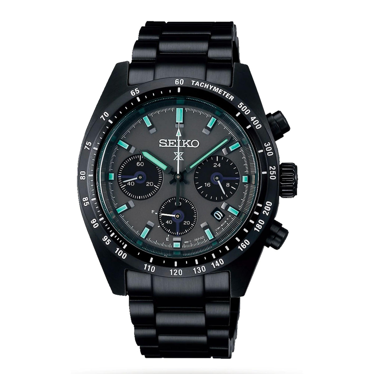 Men's black chronograph watch with steel bracelet, black dial, tachymeter bezel