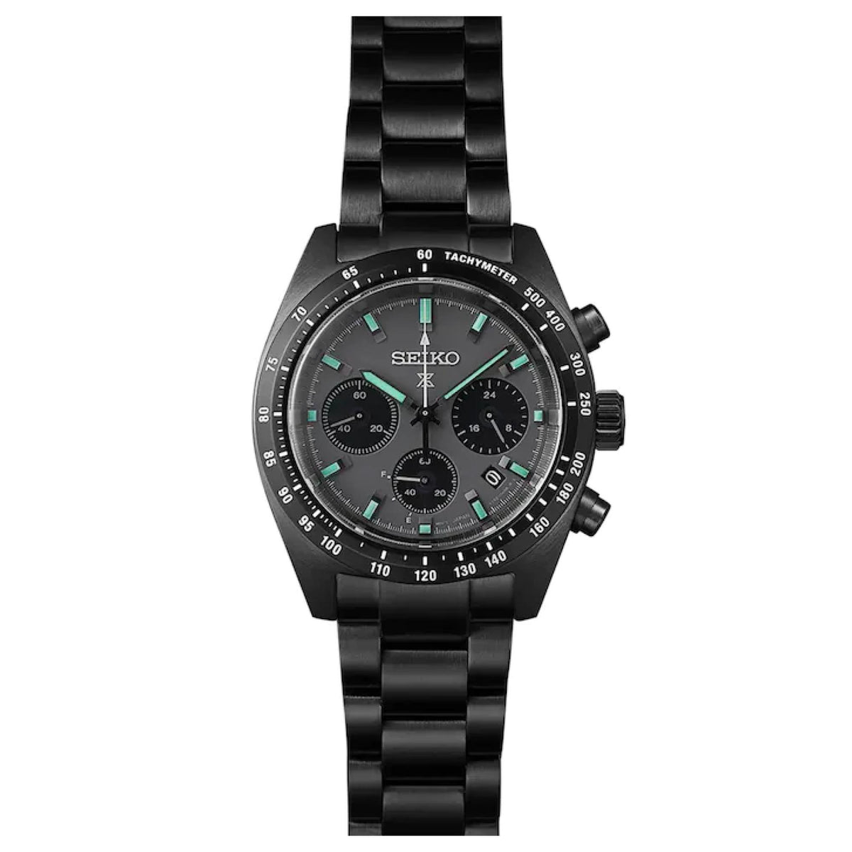 Black chronograph watch with black dial, steel bracelet, crown-side pushers