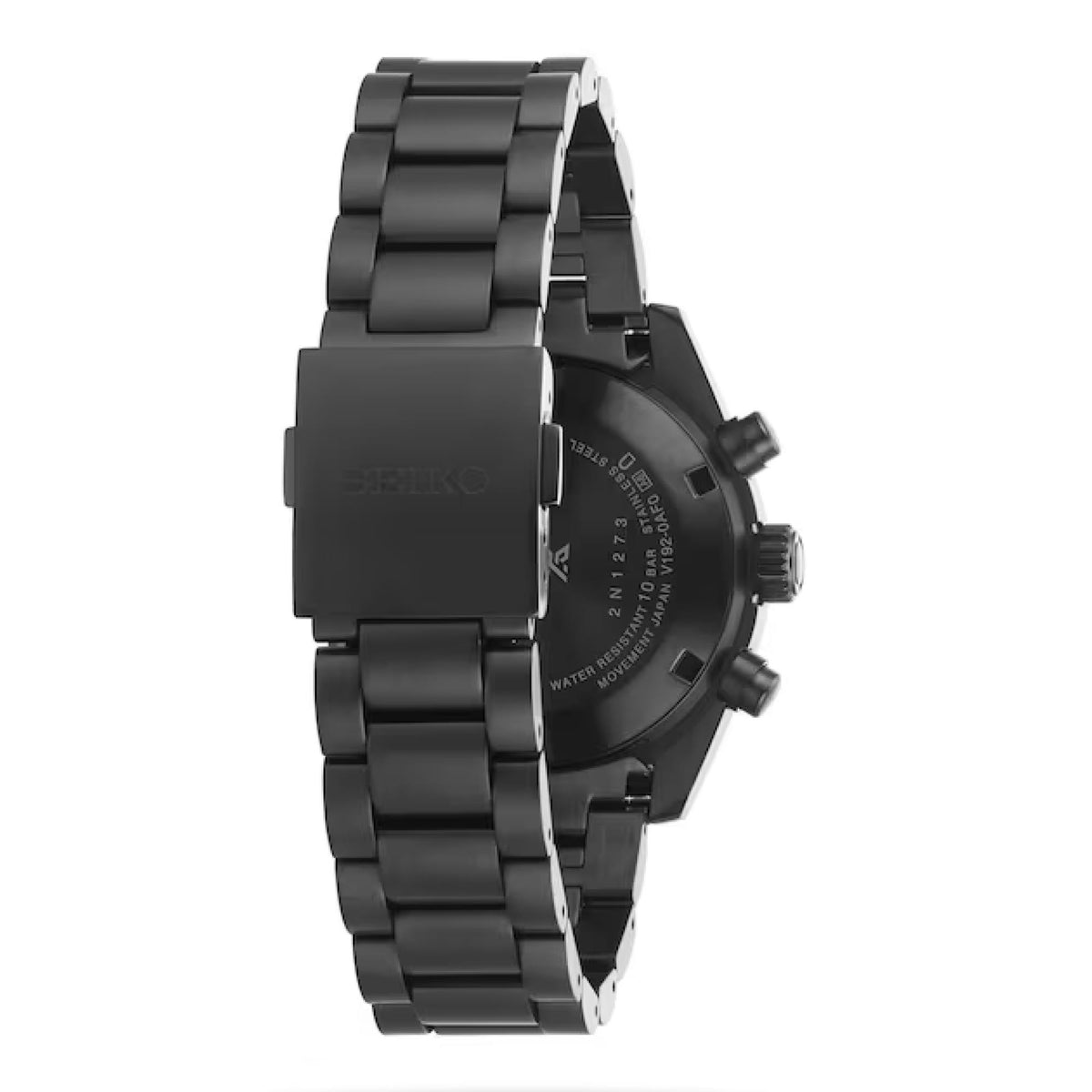 Black watch caseback with steel bracelet links and crown-side button