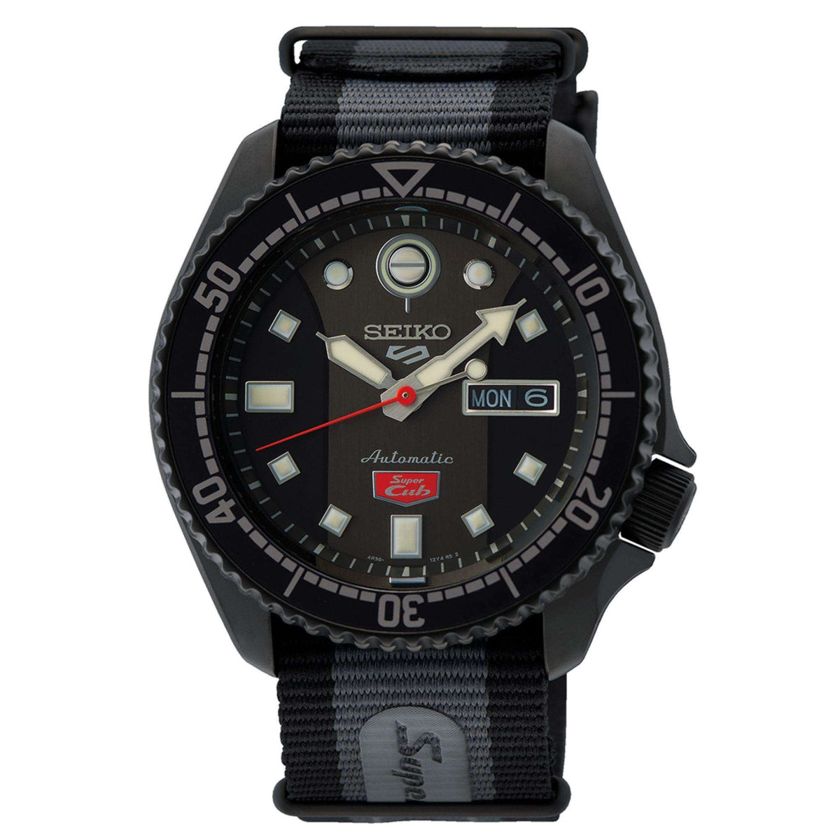 Men’s automatic diver watch on gray NATO strap with black dial and red seconds hand