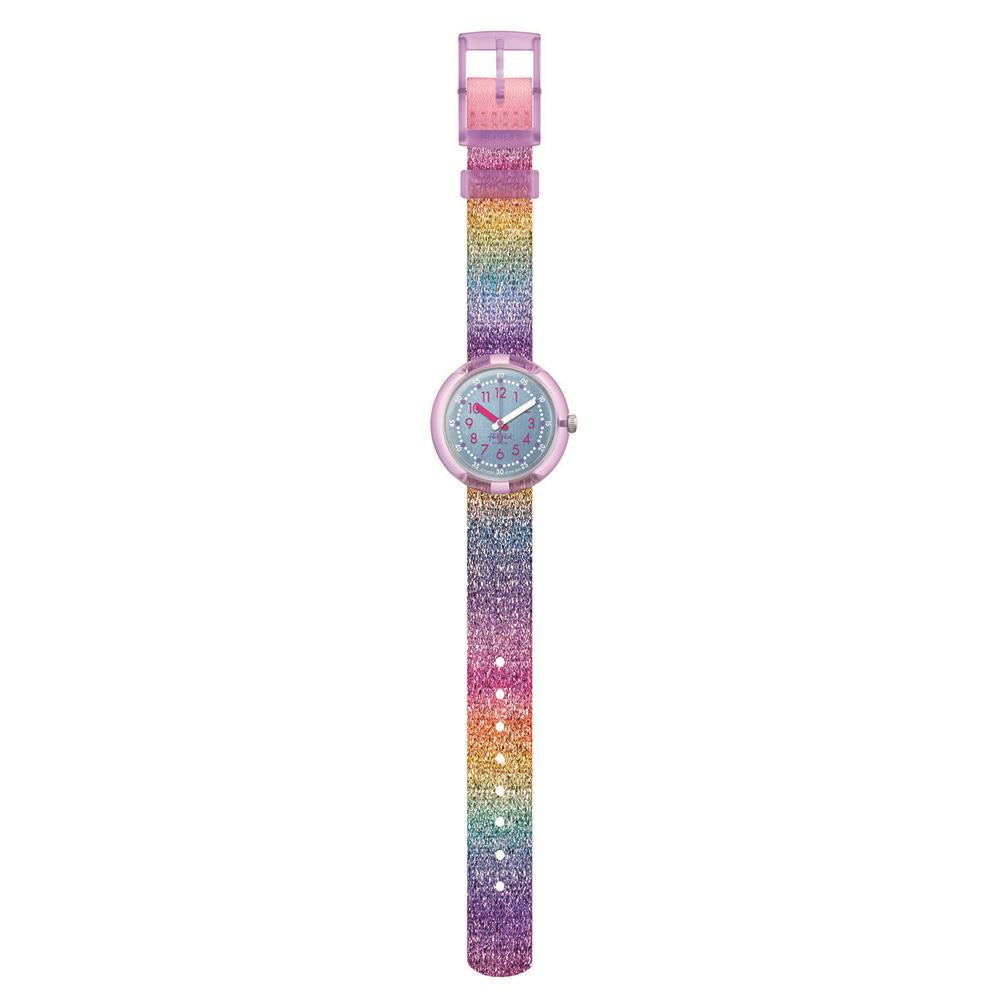 Girls' round purple wristwatch with rainbow glitter strap and clasp at top