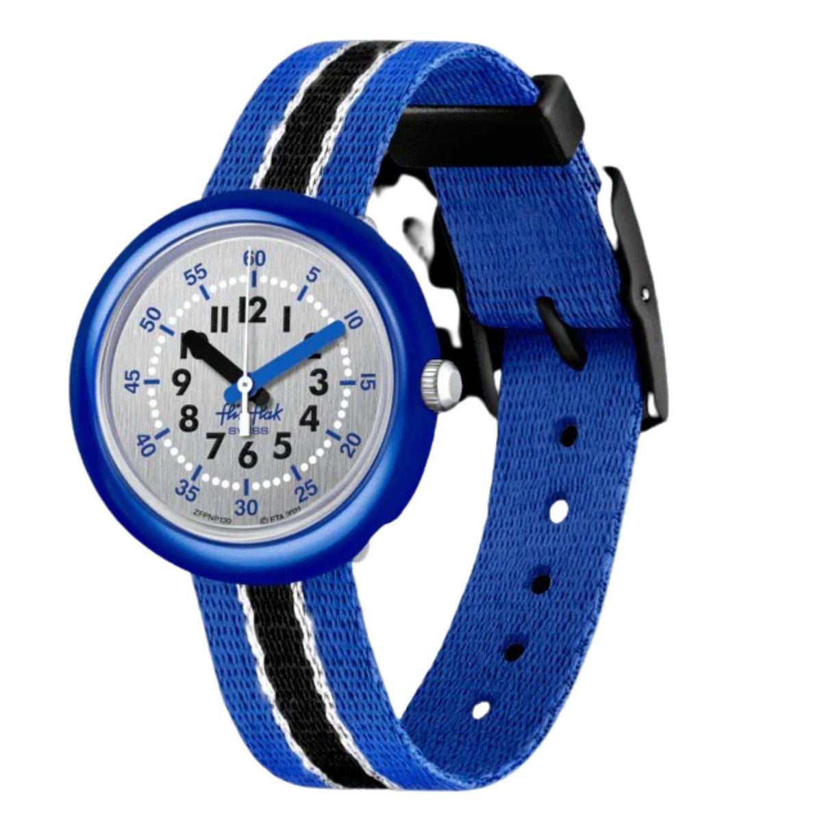 Blue kids wristwatch with round white dial, blue bezel, and blue fabric strap with holes
