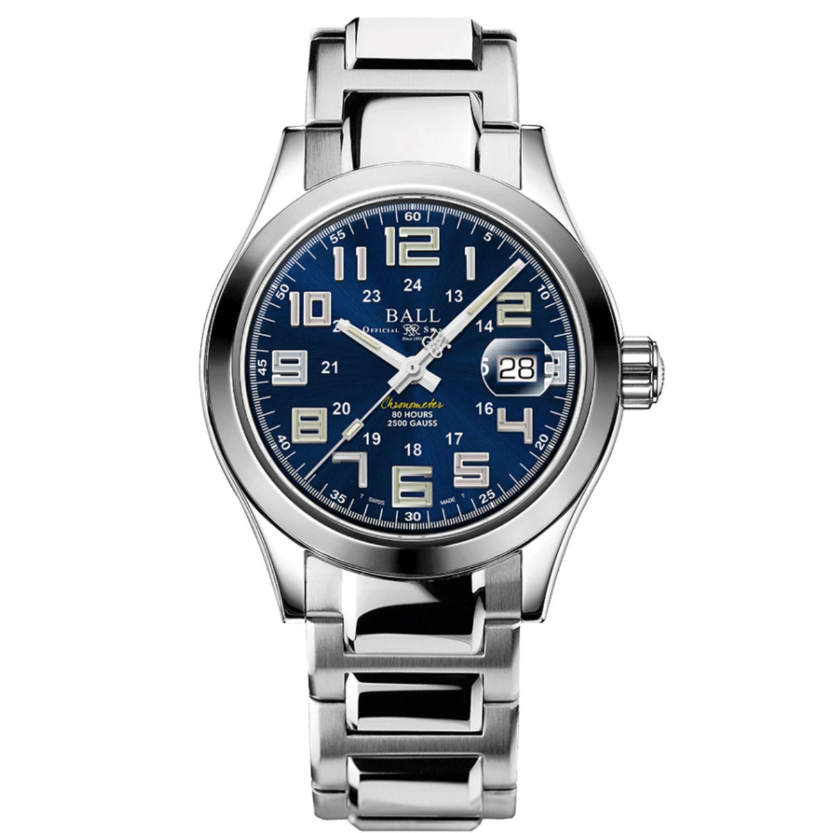 Men's automatic stainless steel watch with blue dial and date window
